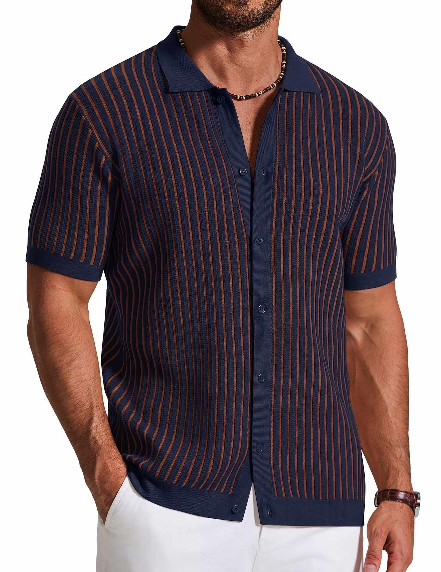 HOTCOOFANDY Mens Knit Button Down Shirts Short Sleeve Polo Shirt Vintage Striped Casual Shirts