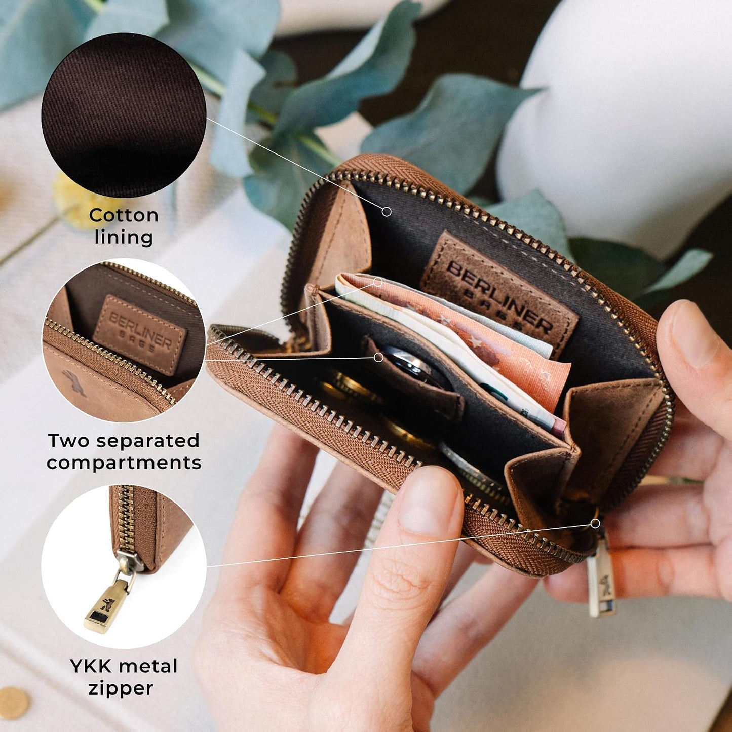 HOTBERLINER BAGS Genuine Leather Small Wallet Women Braga, Gift Box – Brown | Soft Leather Bifold Zip Wallet, Fits Purses & Crossbody Bags, 2 Separated Compartments for Bill & Coins, RFID Blocking
