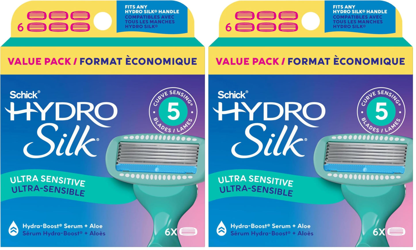 HOTSchick Hydro Silk Sensitive Razor Blade Refills, 6 Count | 5-Blade Sensitive Skin Razors for Women | Womens Razor Refills for Sensitive Skin