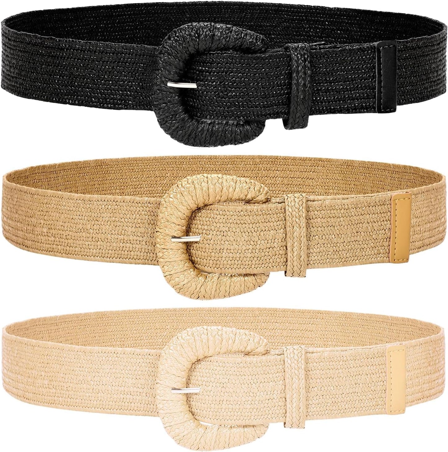 HOTWHIPPY 3 Packs Women Straw Woven Elastic Stretch Waist Belts Fashion Boho Braided Skinny Ladies Dress Belt