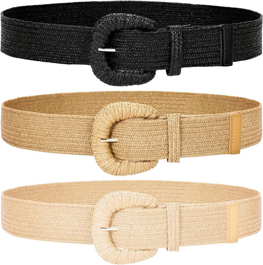HOTWHIPPY 3 Packs Women Straw Woven Elastic Stretch Waist Belts Fashion Boho Braided Skinny Ladies Dress Belt
