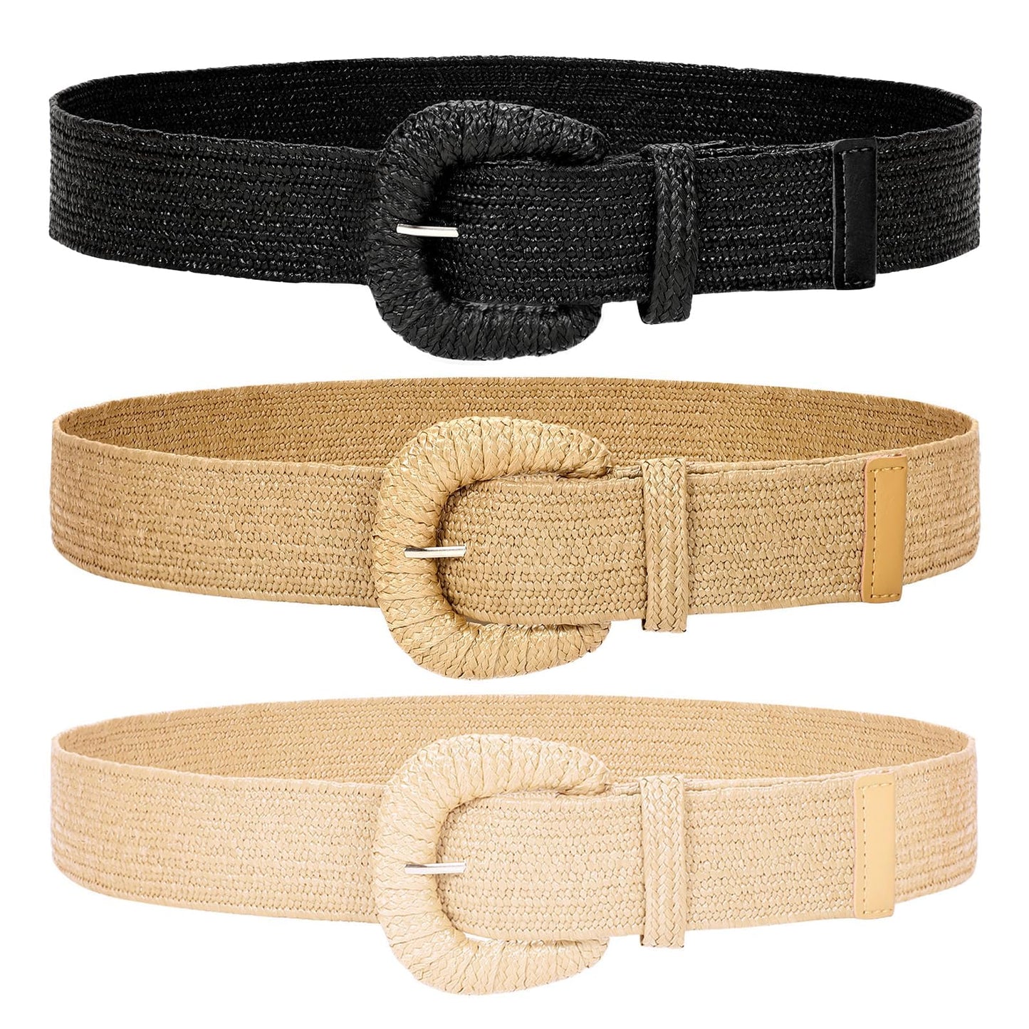HOTWHIPPY 3 Packs Women Straw Woven Elastic Stretch Waist Belts Fashion Boho Braided Skinny Ladies Dress Belt