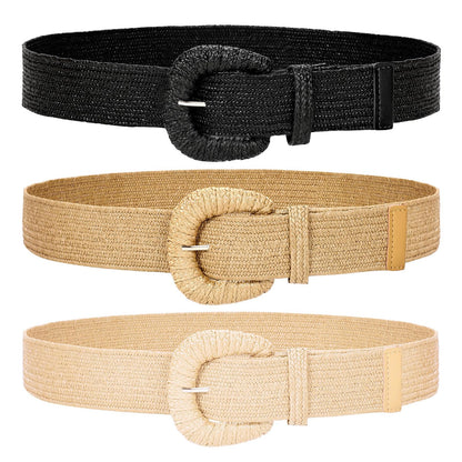 HOTWHIPPY 3 Packs Women Straw Woven Elastic Stretch Waist Belts Fashion Boho Braided Skinny Ladies Dress Belt