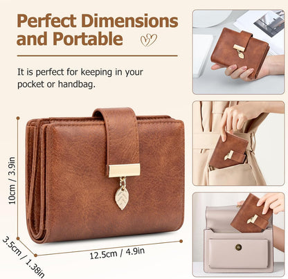 HOTGenuine Leather Wallet for Women RFID Blocking Bifold with Zipper Pocket & ID Window (Dark Brown)