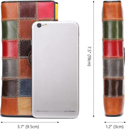 HOTMASIWEI Genuine Leather Patchwork Wallet for Women Multicolor Trifold Wallets Ladies Card Holder Money Organizer with Coin Purse