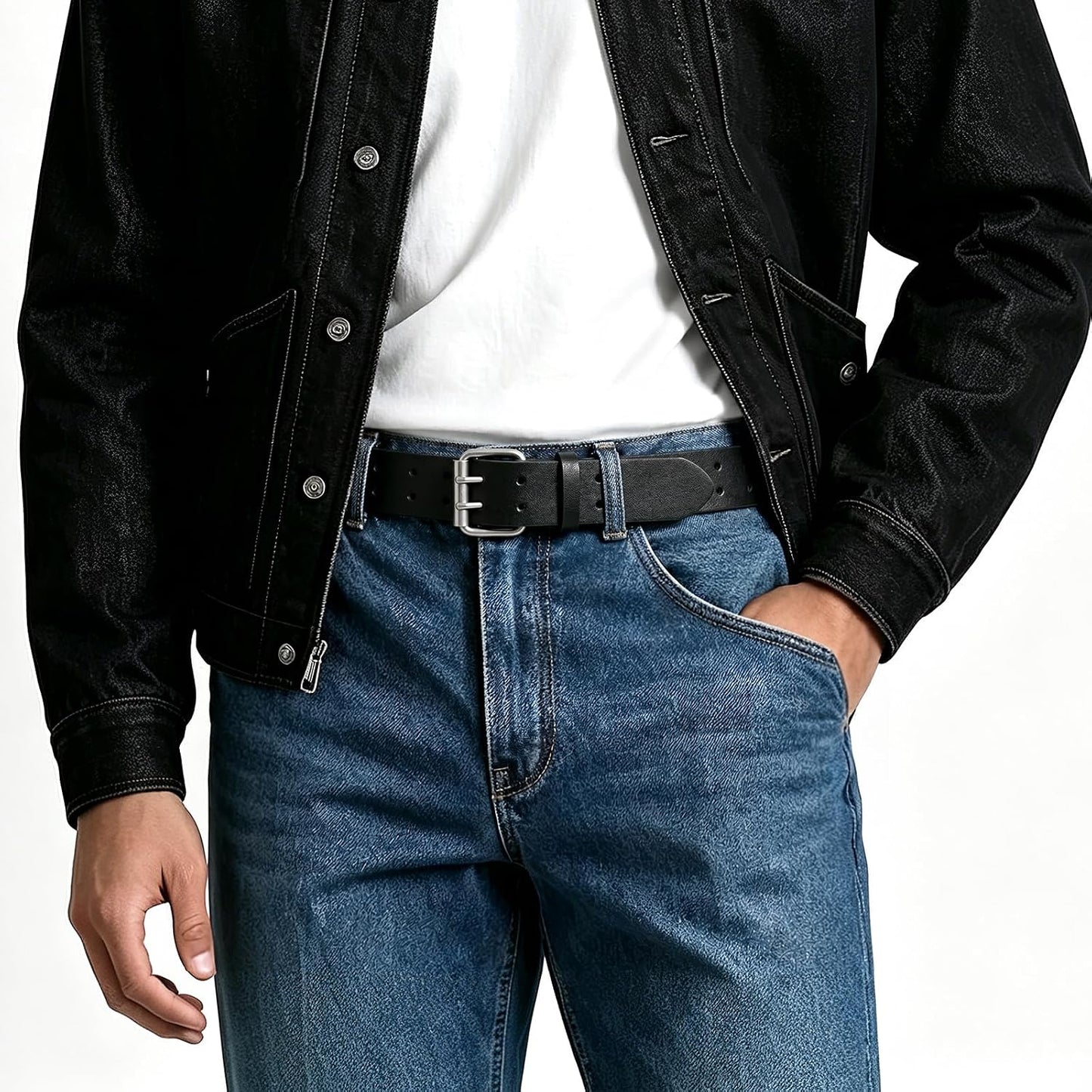HOTVONMELLI Mens Leather Double Prong Belt Work Casual Belts for Men Black Belt with Heavy Duty Dual Holes for Jeans