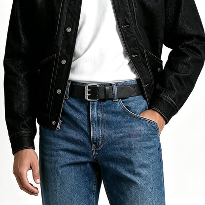 HOTVONMELLI Mens Leather Double Prong Belt Work Casual Belts for Men Black Belt with Heavy Duty Dual Holes for Jeans