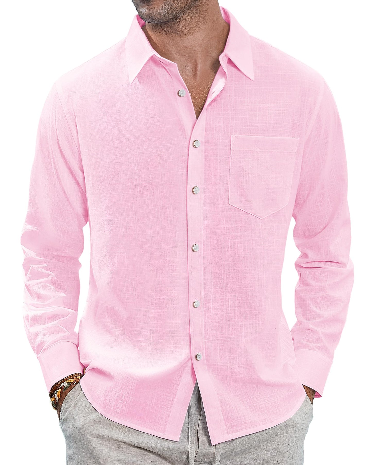 HOTJ.VER Men's Linen Shirts Casual Button Down Long Sleeve Shirt Solid Spread Collar Summer Beach Shirts with Pocket