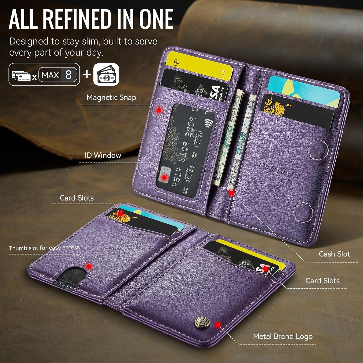 HOTSlim Wallet for Women RFID Blocking Credit Card Holder Bifold Front Pocket Mini Wallet with 8 Card Slots and 2 Cash Pockets, Minimalist PU Leather Small Travel Purse Compact Gift, Purple