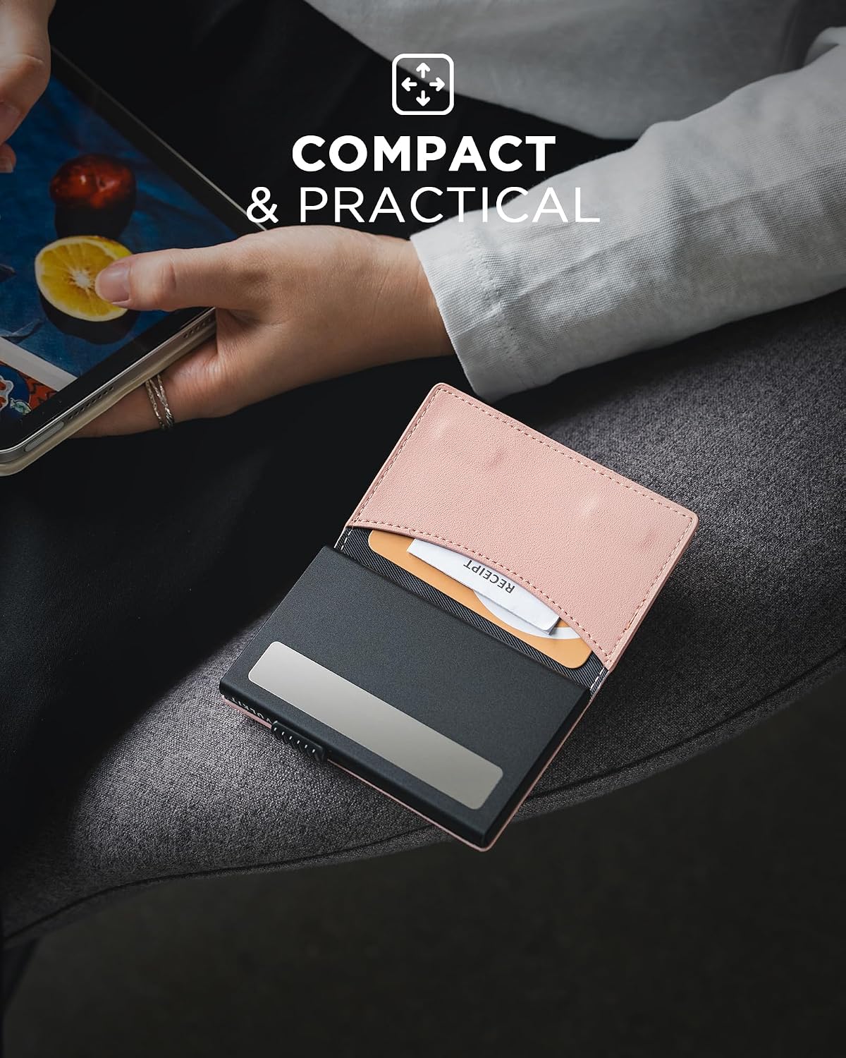HOTVULKIT Card Holder for Women Slim Card Wallet Minimalist Bifold Credit Card Holder RFID Blocking Pop Up Metal Card Case Magnetic Closure, Stripe Pink