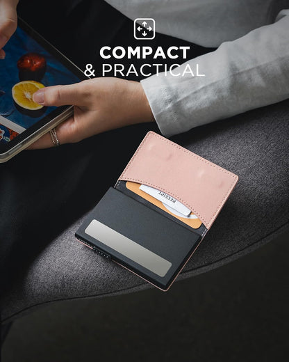HOTVULKIT Card Holder for Women Slim Card Wallet Minimalist Bifold Credit Card Holder RFID Blocking Pop Up Metal Card Case Magnetic Closure, Stripe Pink