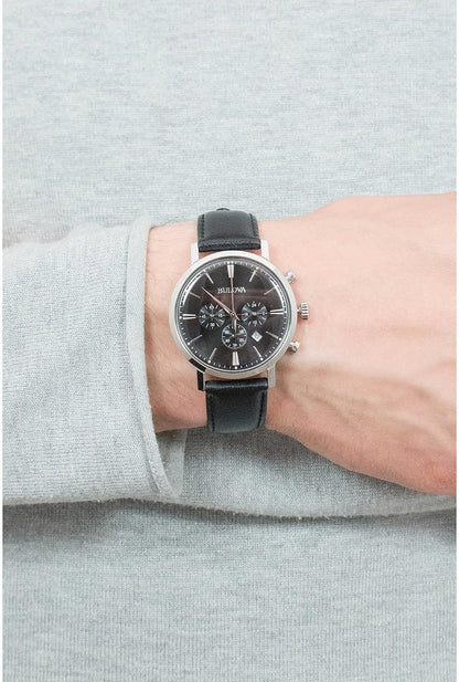HOTBulova Men's Classic Aerojet Stainless Steel 6-Hand Chronograph Watch with Black Leather Strap, 41mm Style: 96B262