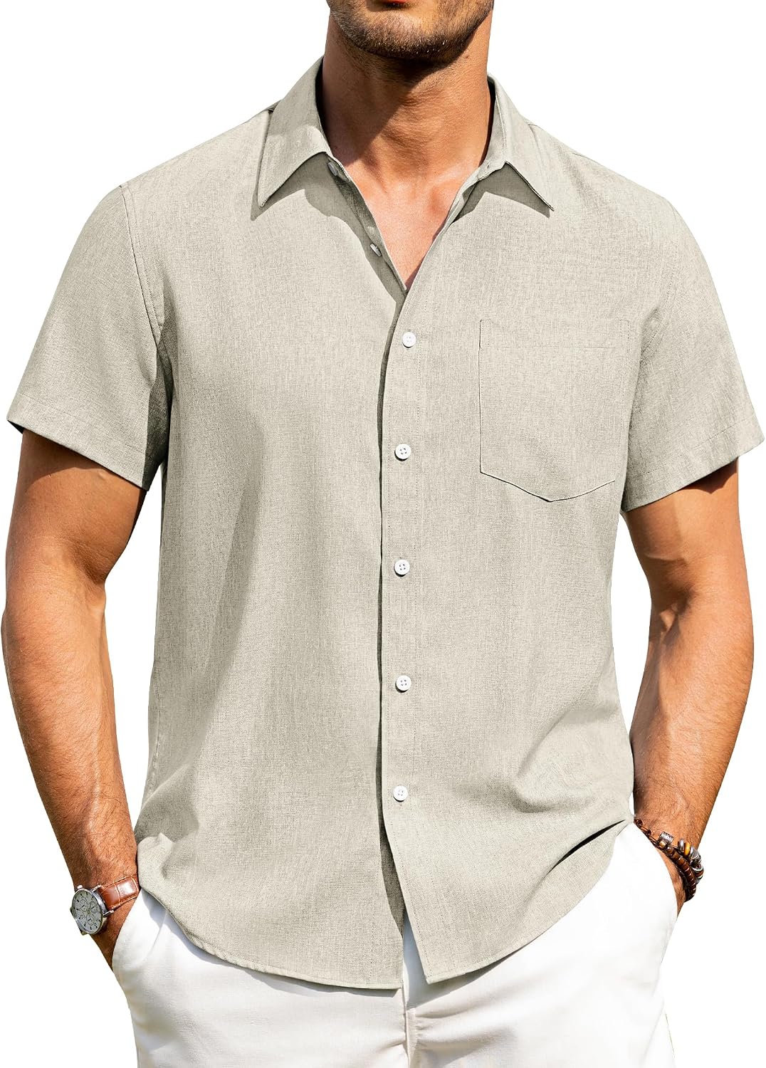 HOTAlimens & Gentle Mens Linen Shirts Short Sleeve Button Down Shirts Wrinkle Free Casual Vacation Beach Summer Tops