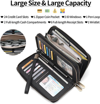 HOTGAEKEAO Wallet for Women Clutch Leather RFID Blocking Wristlet Purse Zip Around Wallets Large Capacity Credit Card Holder