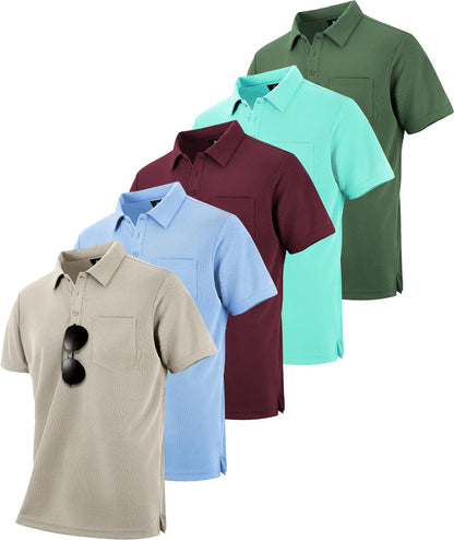 HOTSCODI 5 Pack Mens Pocket Polo Shirts Short Sleeve Multipack Golf Shirt for Men Moisture Wicking Casual Athletic Work T-Shirts