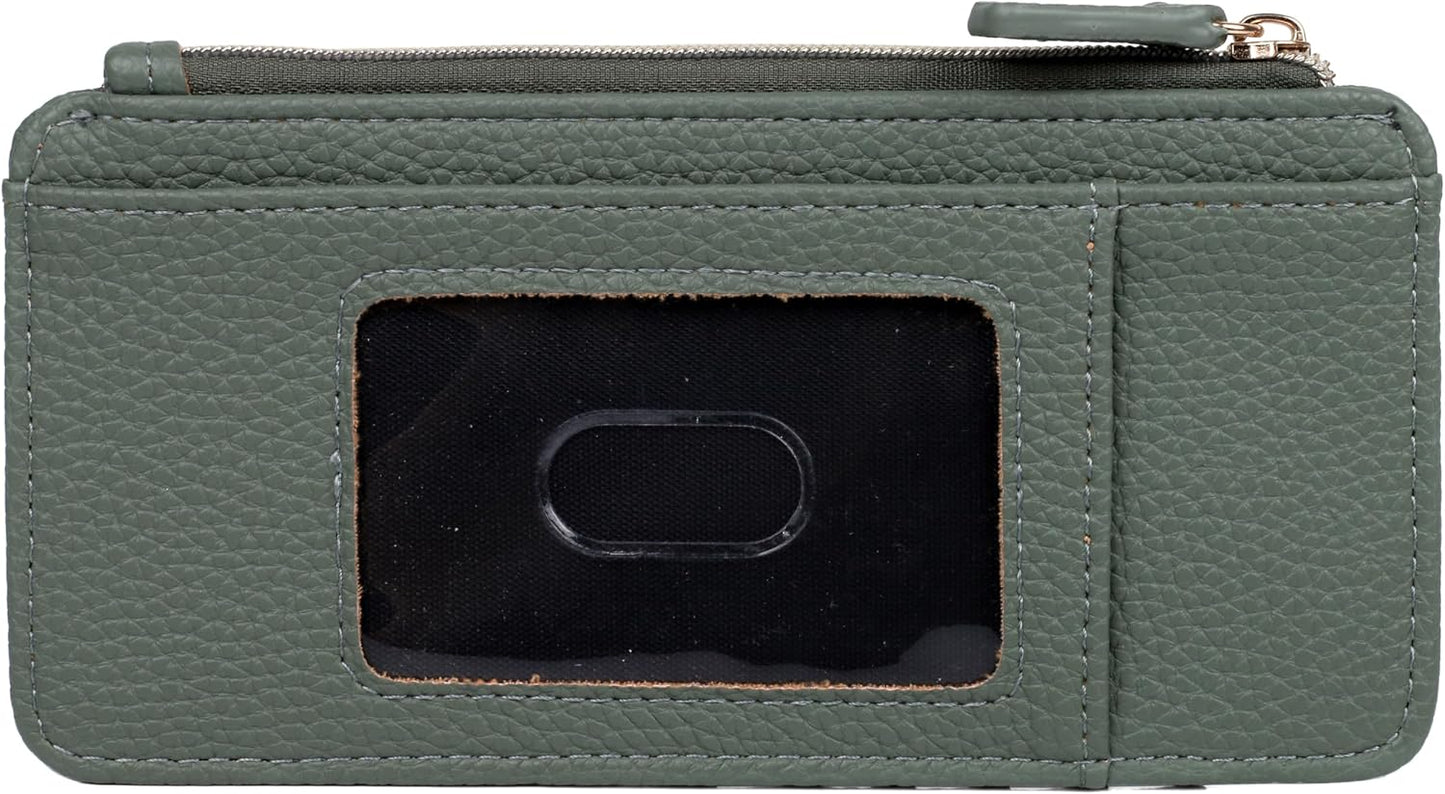 HOTJulia Buxton Vegan Leather Thin Card Case for Women with RFID Blocking, Compact Wallet with 6 Card Slots, ID Window & Zipper Pocket, Ideal Gift, Classic Sage