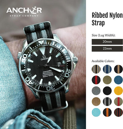 HOTAnchor Strap Co | Ribbed Nylon Watch Strap | Ridge Weave Quick-Dry Band | Brushed Stainless Steel Buckle | Floating Keeper | Heat-Sealed Notches | 5.75–8.5in Wrists