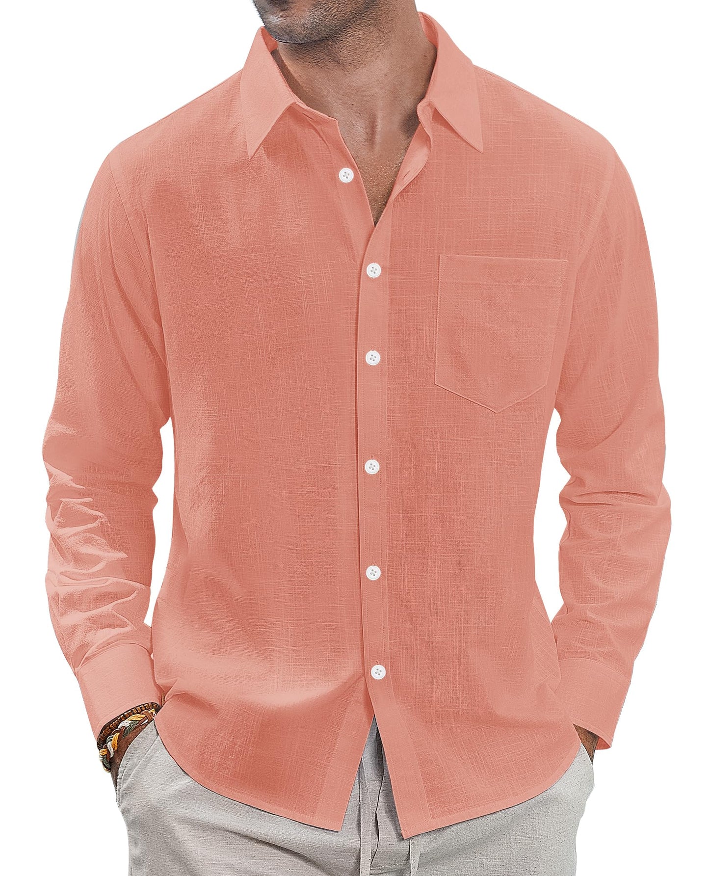 HOTJ.VER Men's Linen Shirts Casual Button Down Long Sleeve Shirt Solid Spread Collar Summer Beach Shirts with Pocket