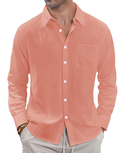 HOTJ.VER Men's Linen Shirts Casual Button Down Long Sleeve Shirt Solid Spread Collar Summer Beach Shirts with Pocket