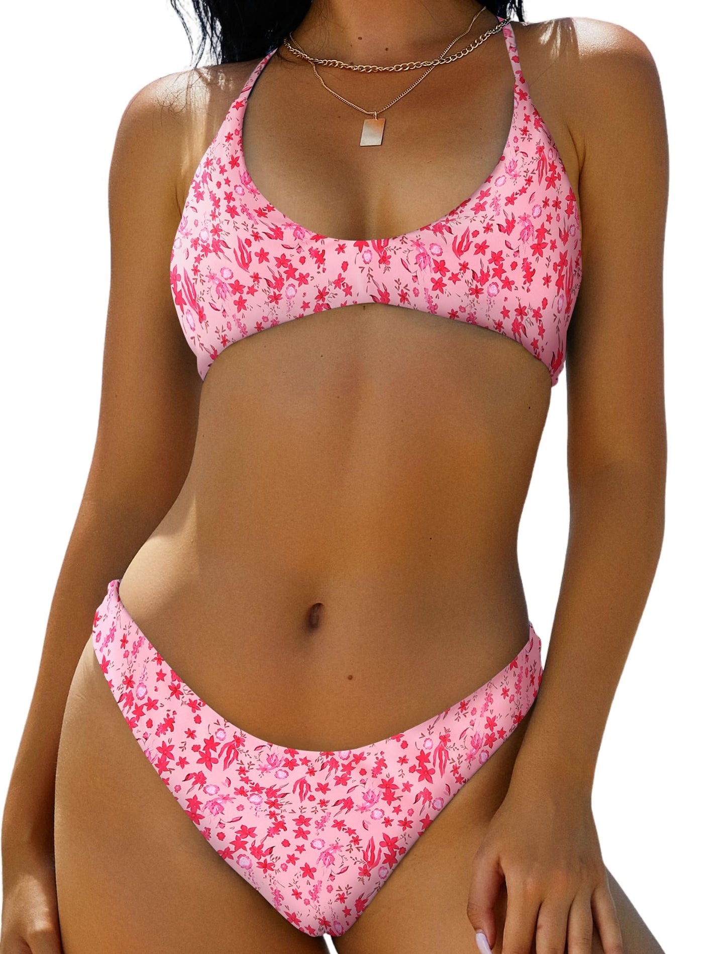 HOTZAFUL Women's Tie Back Padded High Cut Bralette Bikini Set Two Piece Swimsuit