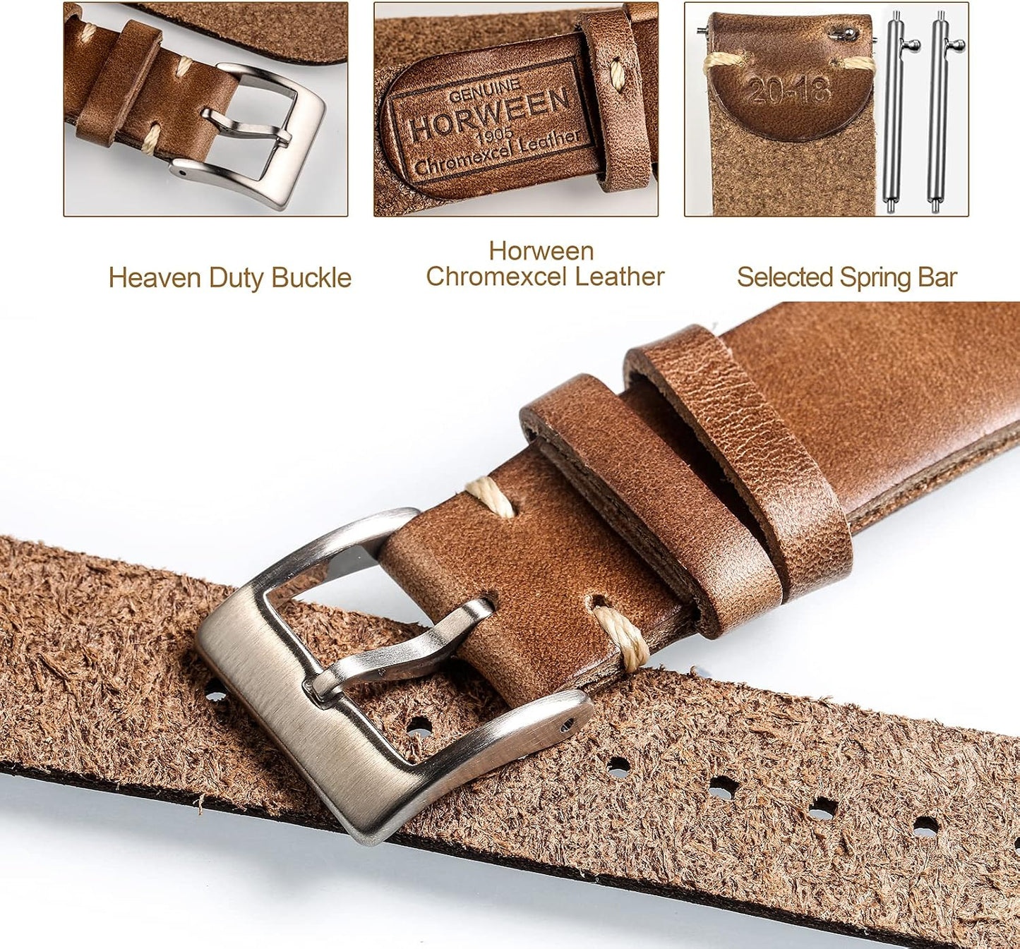 HOThemsut h Leather Watch Bands for Men, Horween Quick Release Leather Watch Strap Vintage Watch Replacement Wrap of 18mm, 20mm, 22mm