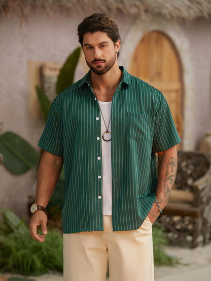 HOTHardaddy Men's Casual Striped Shirts Button Down Short Sleeve Blouse Summer Hawaiian Shirt
