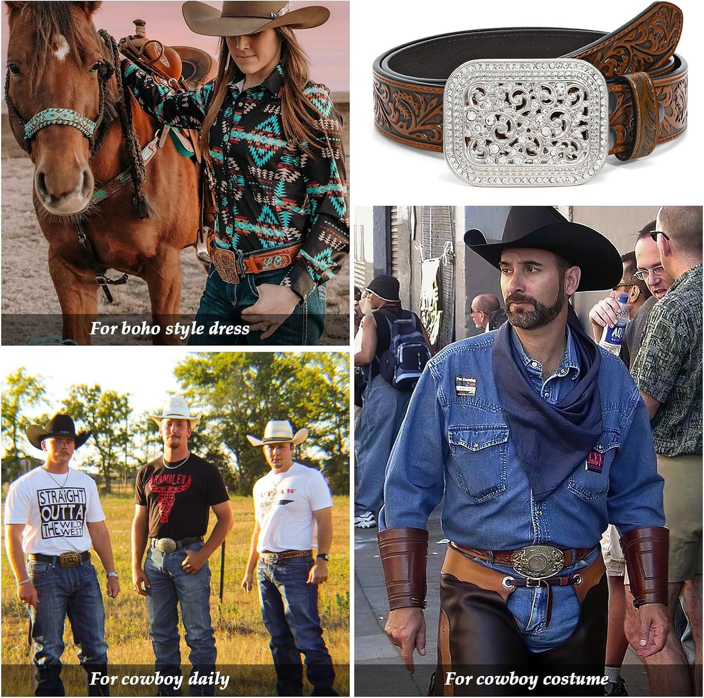 HOTXZQTIVE Women Men Western Belt Vintage Country Belts For Cowgirl Cowboys Genuine Leather Belt with Silver Diamond Buckle