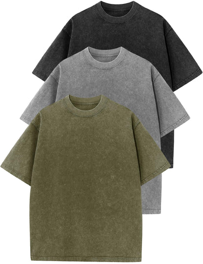 HOTFlygo 3 Pack Men Oversized T Shirts Acid Washed Unisex Tee Loose Fit Short Sleeve Casual Streetwear Baggy Basic Tops
