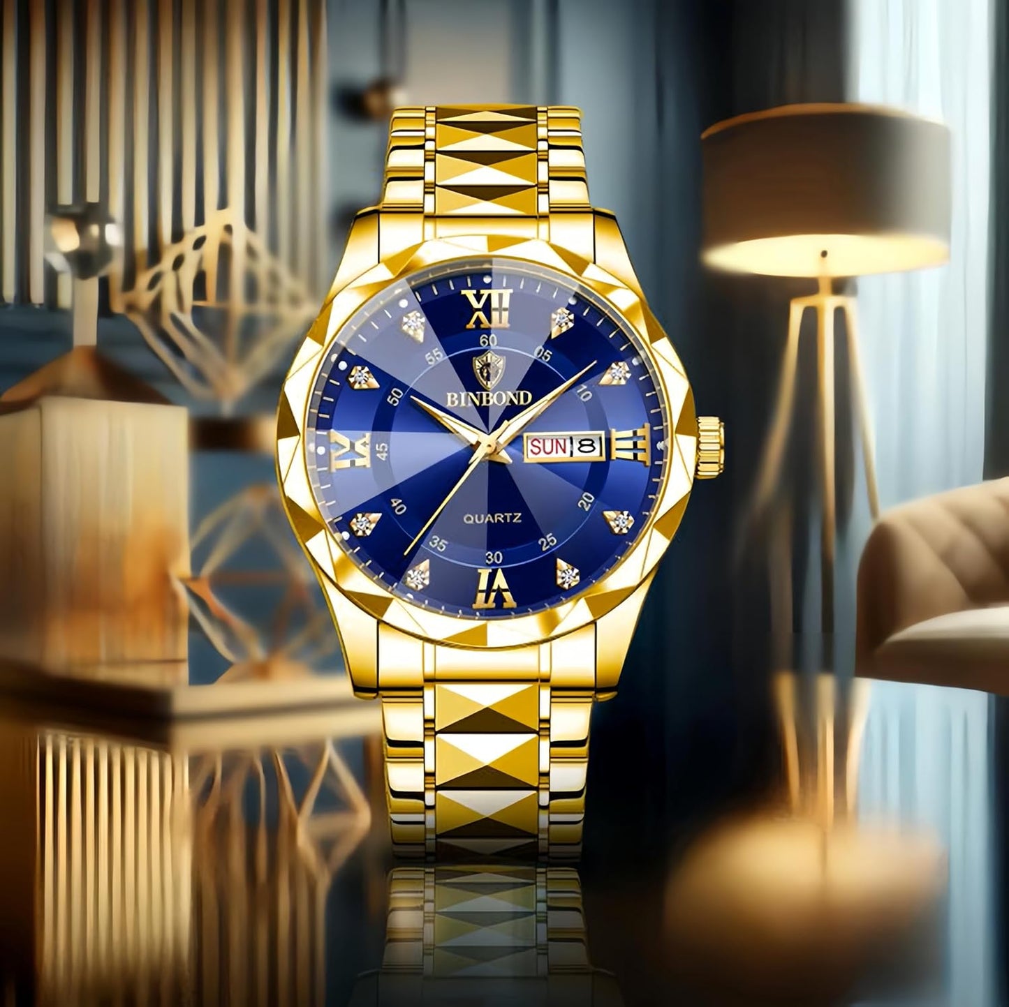 HOTGosasa Luxury Men's and Women's Business Diamond Stainless Steel Waterproof Roman Numeral Analog Quartz Watch with Day-Date Calendar, Gold and Silver Tone