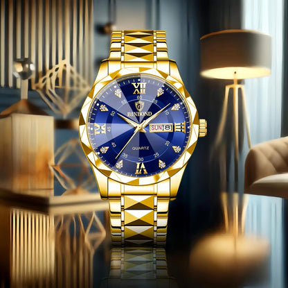 HOTGosasa Luxury Men's and Women's Business Diamond Stainless Steel Waterproof Roman Numeral Analog Quartz Watch with Day-Date Calendar, Gold and Silver Tone