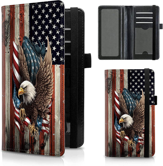 HOTFUYOCWE Leather Checkbook Cover for Men Women Check book Holder Cover for Personal Checkbook Checks with RFID Blocking & Elastic Strap-Bald Eagle with Flag