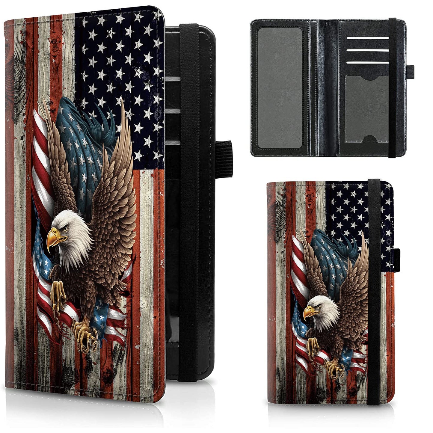 HOTFUYOCWE Leather Checkbook Cover for Men Women Check book Holder Cover for Personal Checkbook Checks with RFID Blocking & Elastic Strap-Bald Eagle with Flag