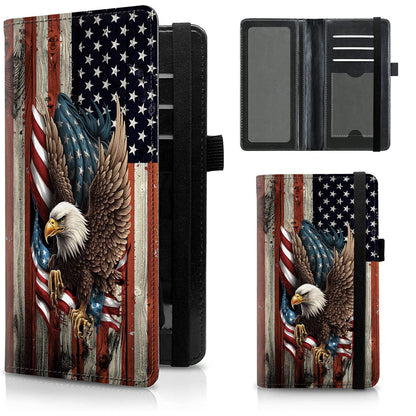 HOTFUYOCWE Leather Checkbook Cover for Men Women Check book Holder Cover for Personal Checkbook Checks with RFID Blocking & Elastic Strap-Bald Eagle with Flag