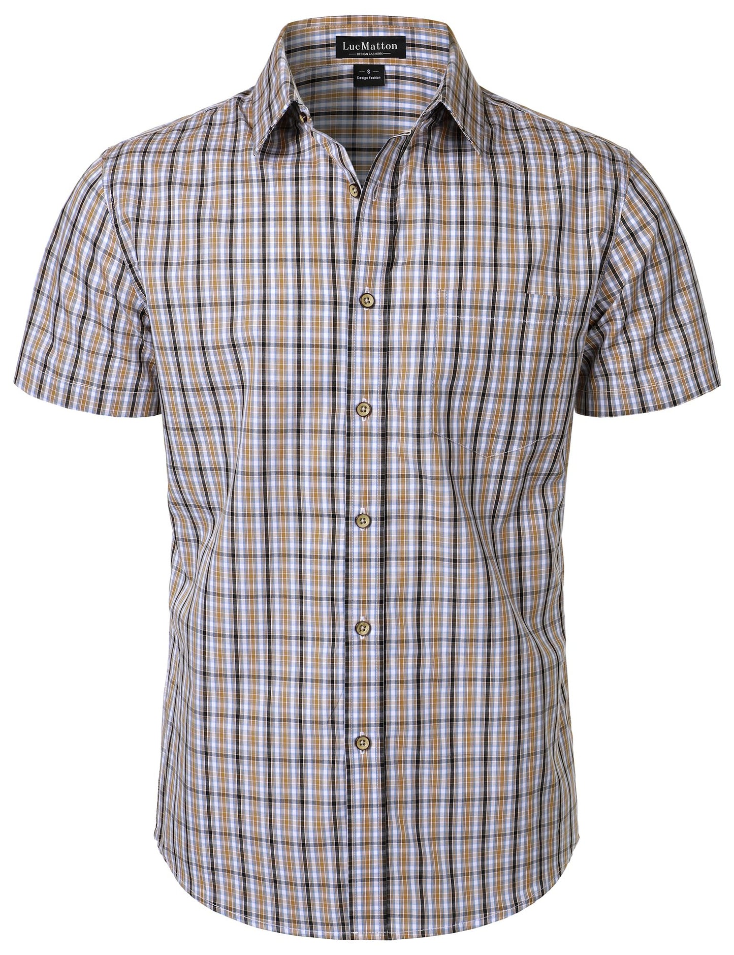 HOTLucMatton Men's Gingham Short Sleeve Button Down Shirt Cotton Regular Fit Plaid Dress Shirts with Pocket