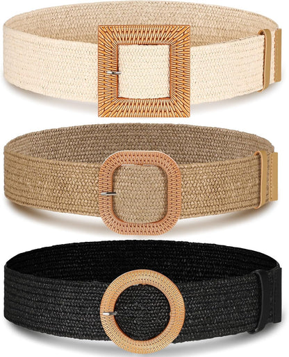 HOTSyhood 3 Pieces Straw Woven Elastic Waist Belt for Women Bohemian Dress Braided Belt
