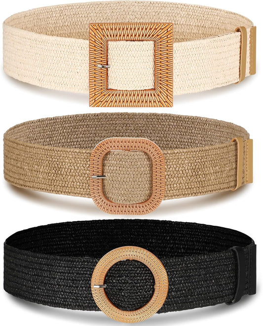 HOTSyhood 3 Pieces Straw Woven Elastic Waist Belt for Women Bohemian Dress Braided Belt