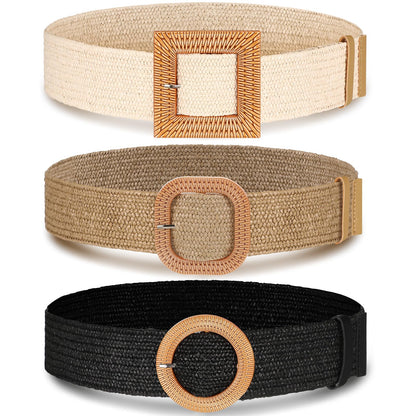 HOTSyhood 3 Pieces Straw Woven Elastic Waist Belt for Women Bohemian Dress Braided Belt