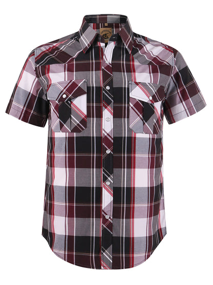 HOTCOEVALS CLUB Men's Western Cowboy Short Sleeve Pearl Snap Casual Plaid Work Shirts