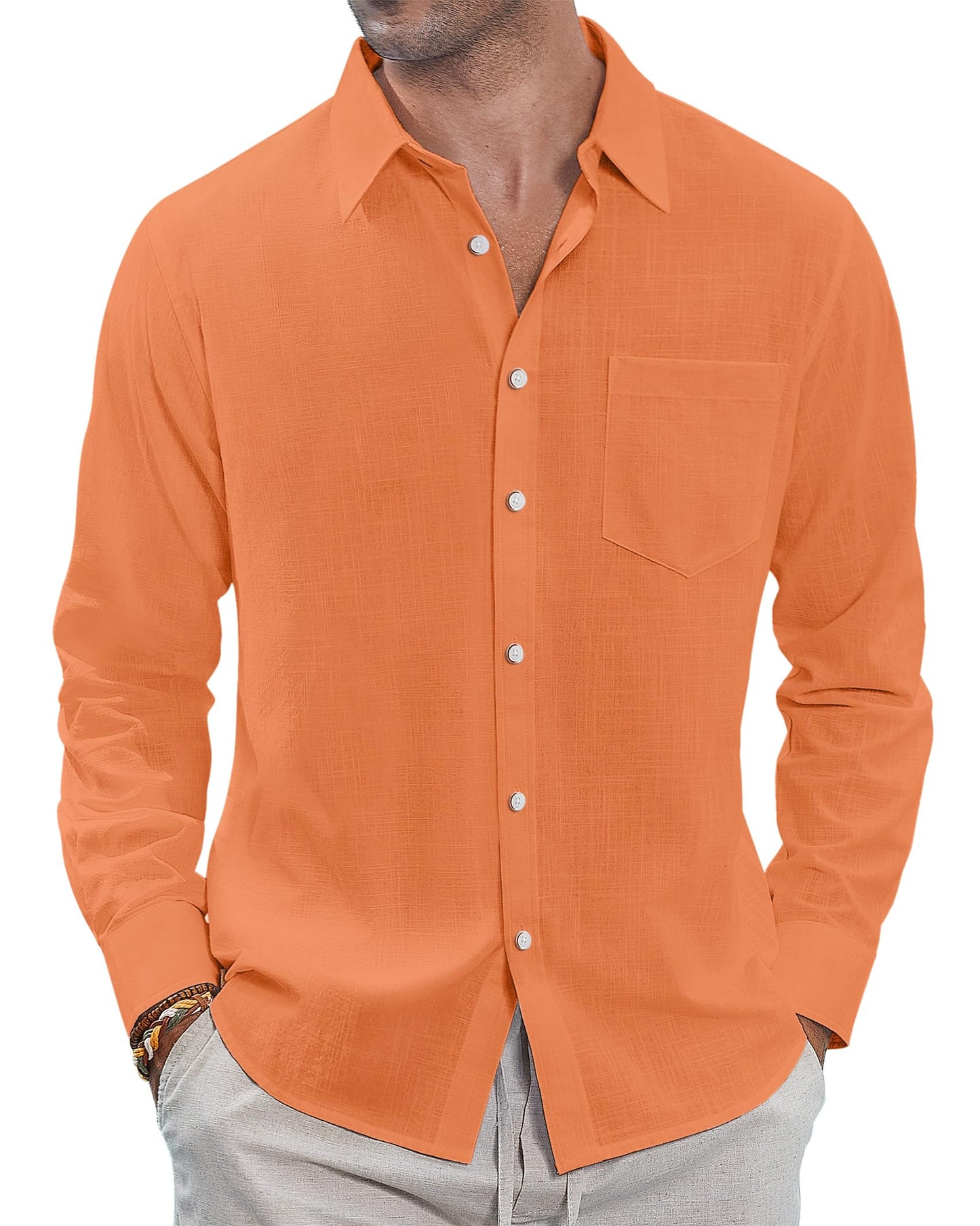 HOTJ.VER Men's Linen Shirts Casual Button Down Long Sleeve Shirt Solid Spread Collar Summer Beach Shirts with Pocket