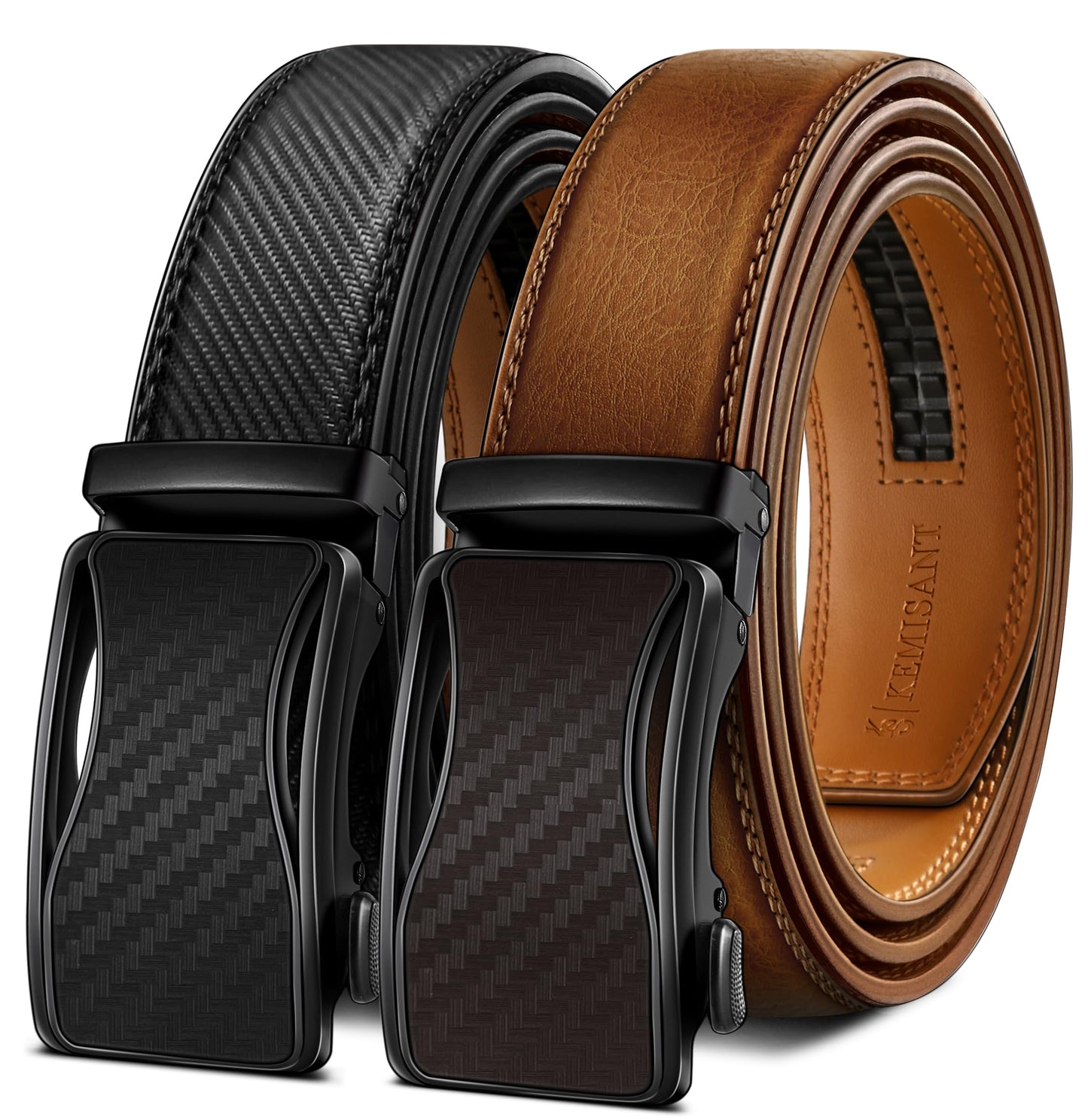 HOTKEMISANT Men's Ratchet Leather Belt 2Pack-Trimmable 1 3/8“-Gift Boxed | Smooth Sliding | Micro Adjustable Fit | Tailored Size | Holeless Understated Elegance
