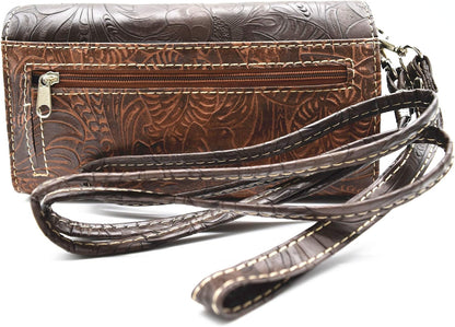 HOTWestern Feather Tooled Leather Floral Laser Cut Flower Purse Studs Single Shoulder Bag Clutch Women Trifold Wristlets Wallet (Coffee)