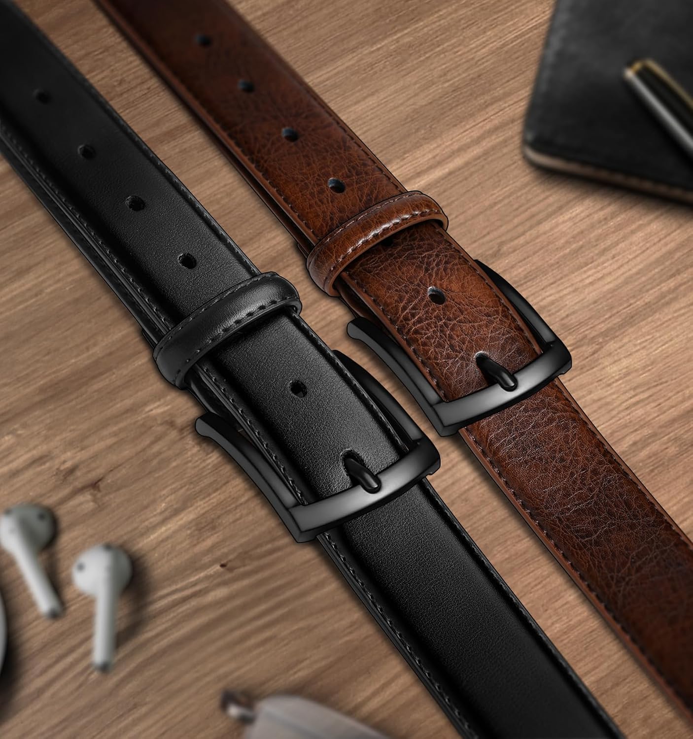 HOTBULLIANT 2-Pack Leather Belt for Men 1 3/8"-7 Eyelets-Gift Boxed | 7 Grommets Adjustable Range | Versatile for Golf Dress Casual Jeans
