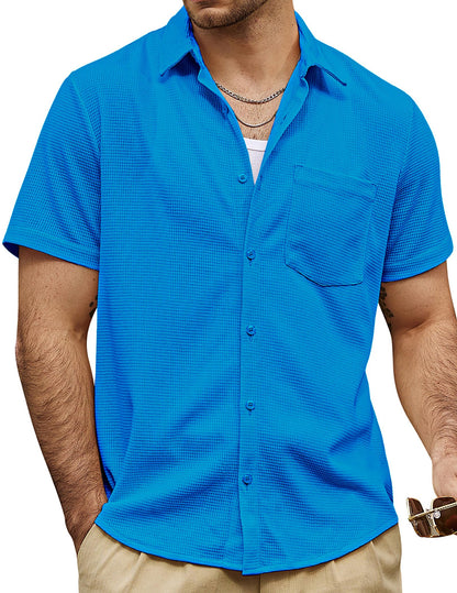 HOTVATPAVE Mens Casual Waffle Shirt Short Sleeve Button Down Summer Shirts | Beach, Untucked, Camp, Daily, Work, Family Photo, Old Money, Vacation, Collared, Wedding, Date, Cruise, Going Out, Pocket