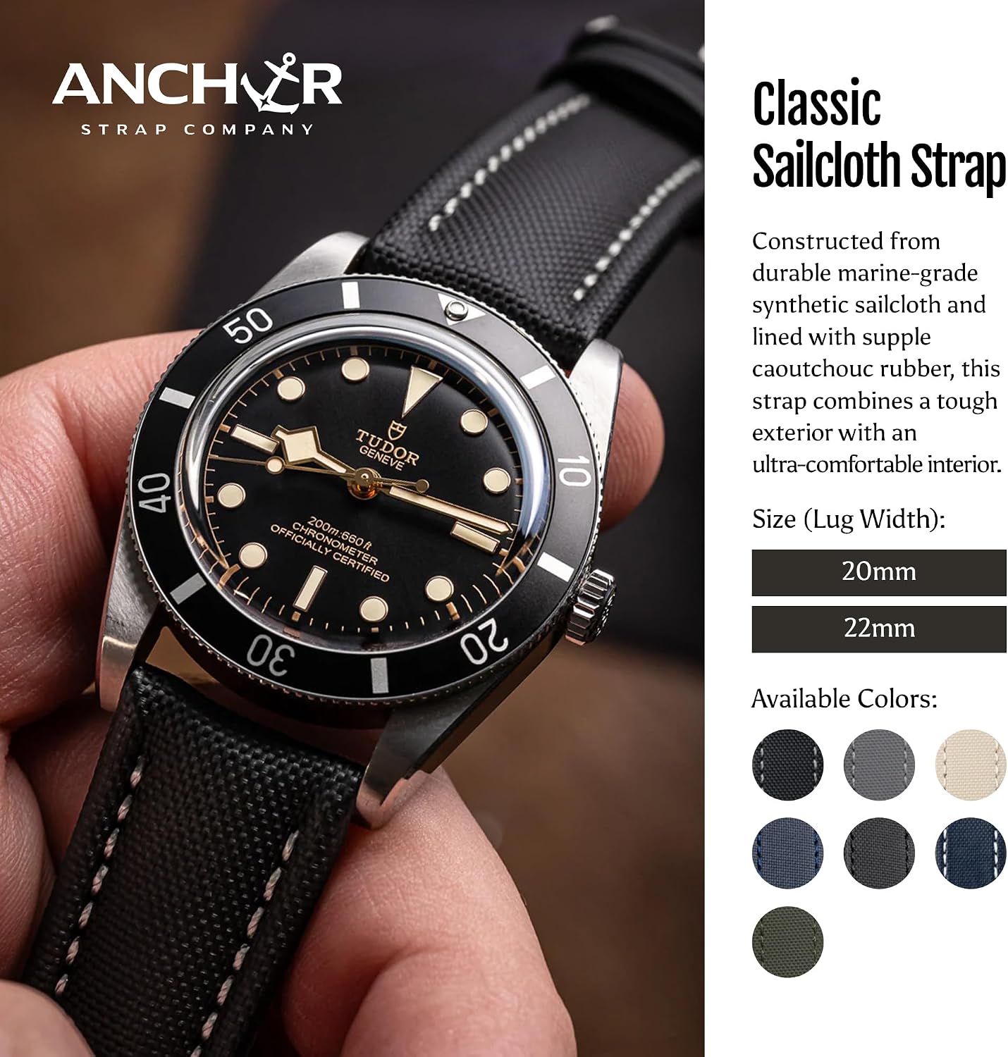 HOTAnchor Strap Co | Classic Sailcloth Watch Strap | Marine-Grade Outer + Caoutchouc Rubber Lining | Water-Resistant | Brushed 316L Stainless Steel Buckle | Fits 6.25–8.25in Wrists