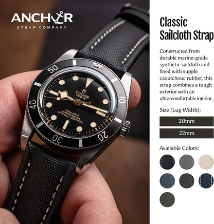 HOTAnchor Strap Co | Classic Sailcloth Watch Strap | Marine-Grade Outer + Caoutchouc Rubber Lining | Water-Resistant | Brushed 316L Stainless Steel Buckle | Fits 6.25–8.25in Wrists