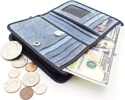 HOTUpcycling Blue Denim Bifold Money Zip Coin Card Holder Organizer Compact Wallet for Women