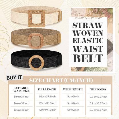 HOTSyhood 3 Pieces Straw Woven Elastic Waist Belt for Women Bohemian Dress Braided Belt