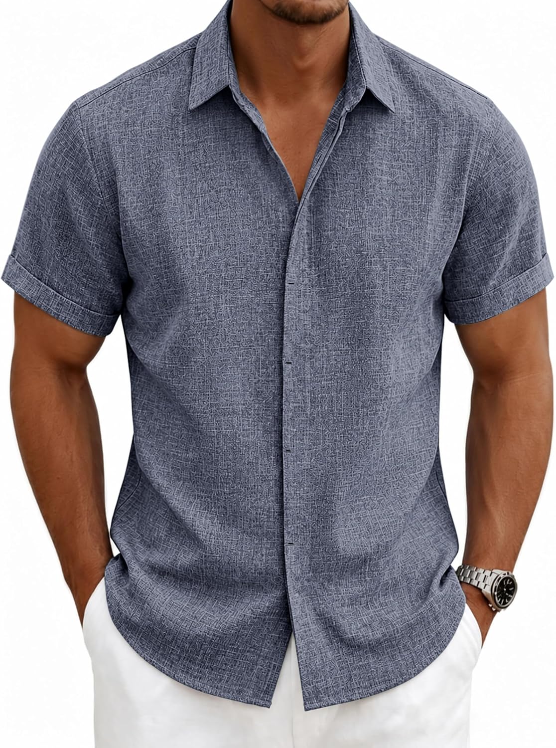 HOTMens Linen Shirts Short Sleeve Casual Shirt Button Down Summer Beach Vacation Tops Men Casual Dress Shirts Breathable