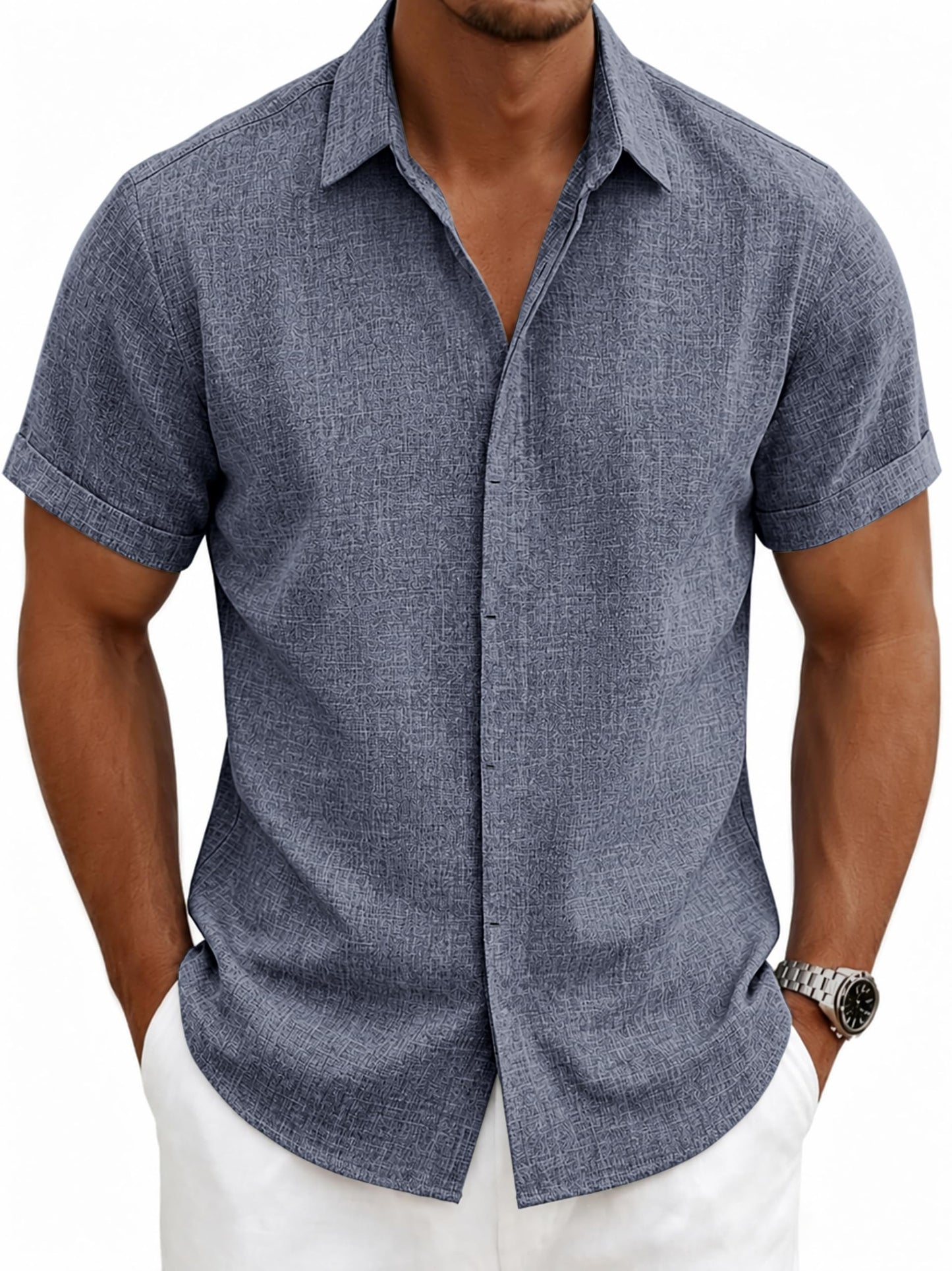 HOTMens Linen Shirts Short Sleeve Casual Shirt Button Down Summer Beach Vacation Tops Men Casual Dress Shirts Breathable