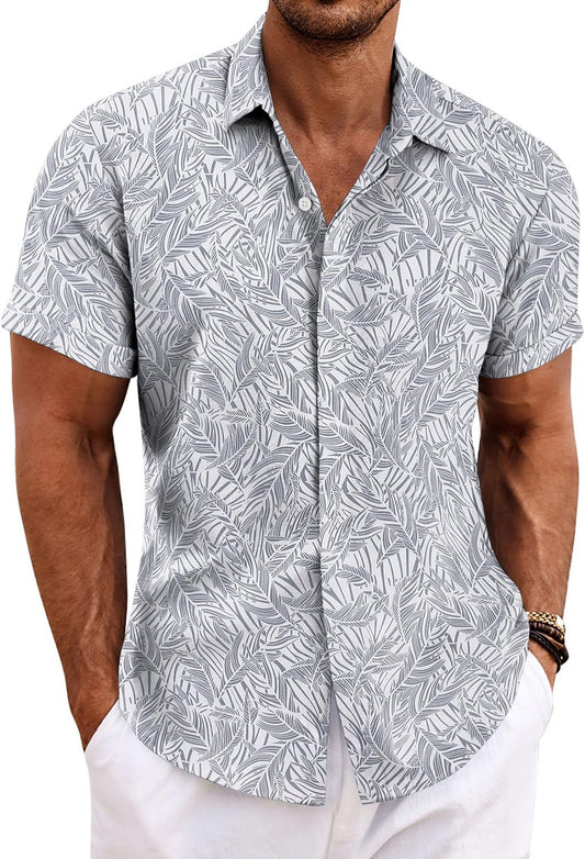 HOTCOOFANDY Men's Linen Shirts Short Sleeve Casual Shirts Button Down Shirt for Men Beach Summer Wedding Shirt